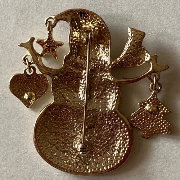 Vintage Snowman Love And Joy Dangles tree heart Rhinestone Brooch Pin - Picture 2 of 4